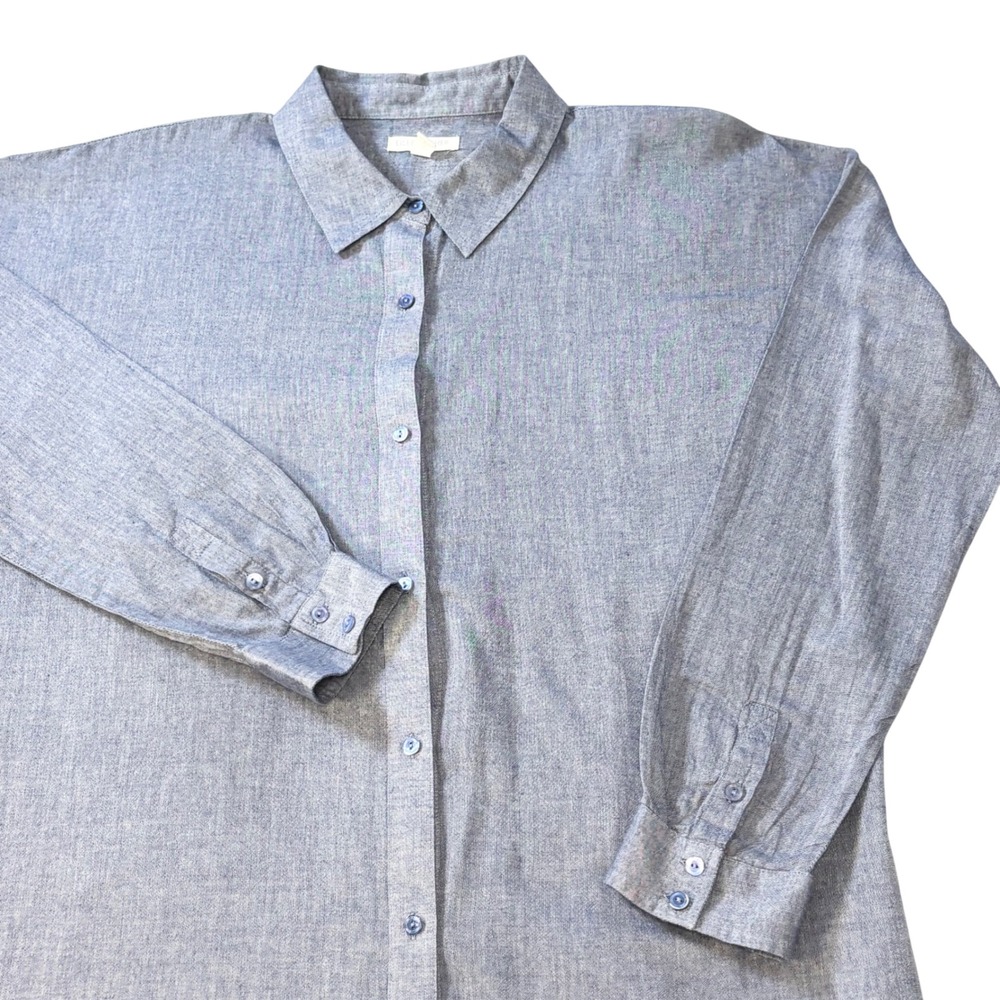 Eileen Fisher Organic Cotton Chambray Button Back Shirt Blue PM Petite Medium